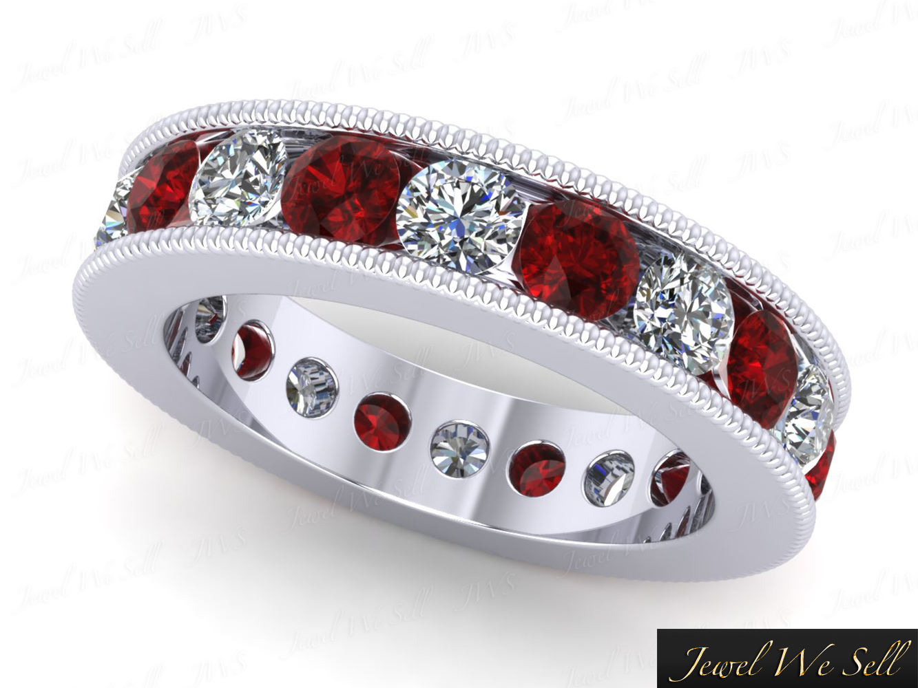 2.50Ct Ruby Diamond Channel Set Milgrain Eternity Band Ring 18k Gold