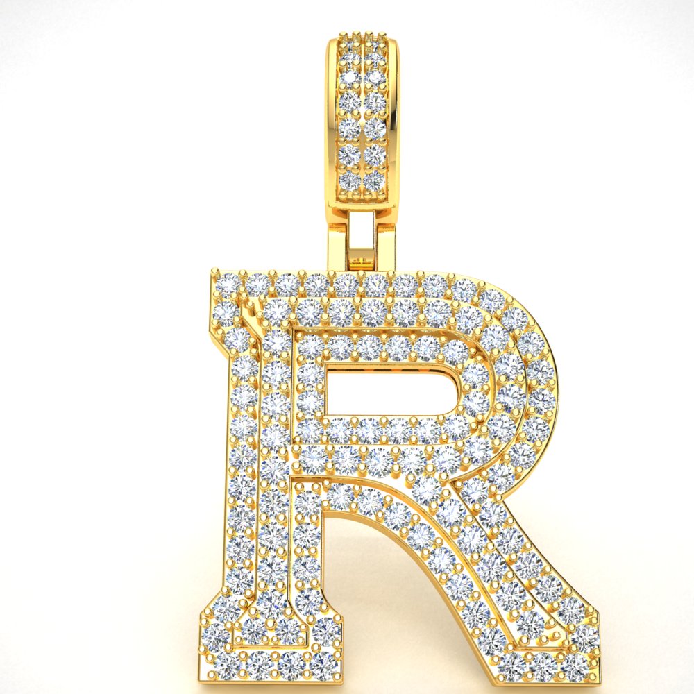 Letter &#039;R&#039; Pendant Charm 14k Gold Round Diamond 1&#034; 3D Varsity Initial 1.60ct